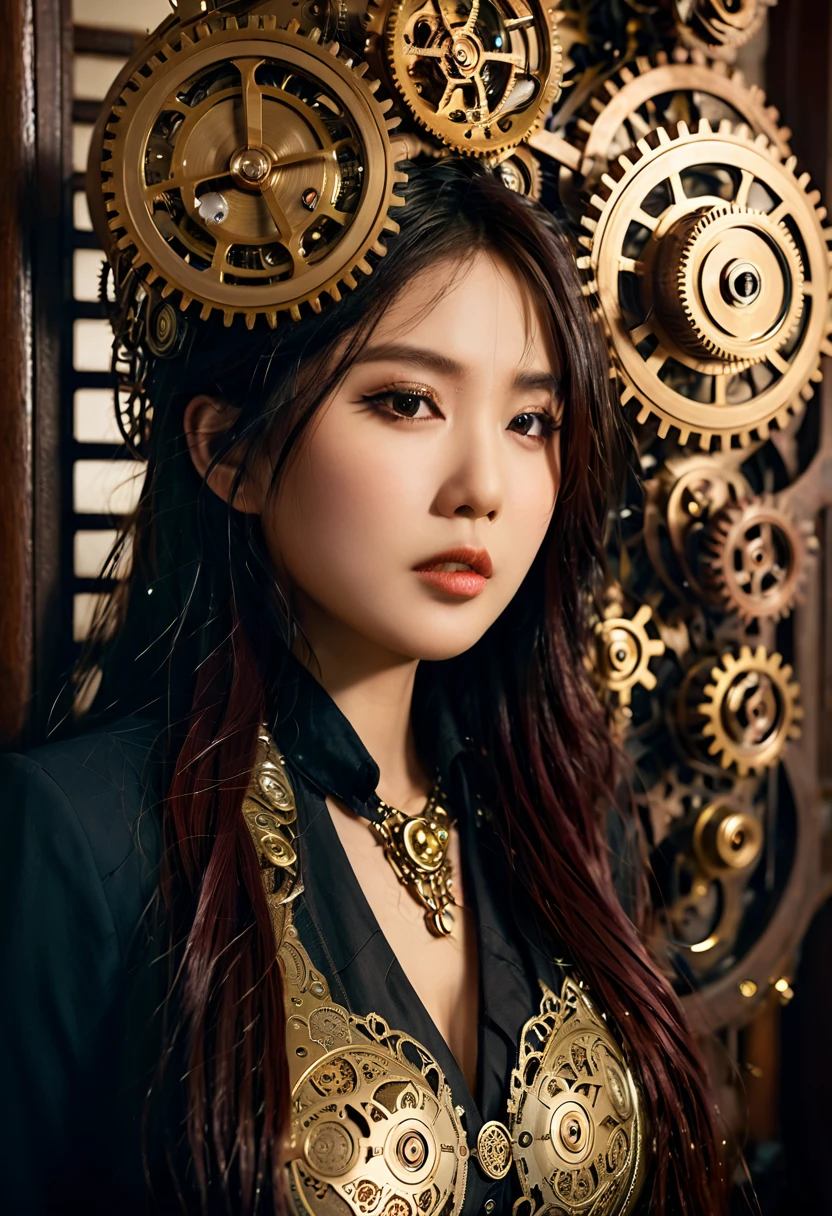 clockwork old Ben, beautiful busty Asian woman steampunk, intricate steampunk machinery, brass gears, cogs, and pipes, Victorian era fashion, moody lighting, warm color tones, highly detailed, photorealistic, masterpiece, (best quality,8k,highres,masterpiece:1.2),ultra-detailed,(realistic,photorealistic,photo-realistic:1.37)