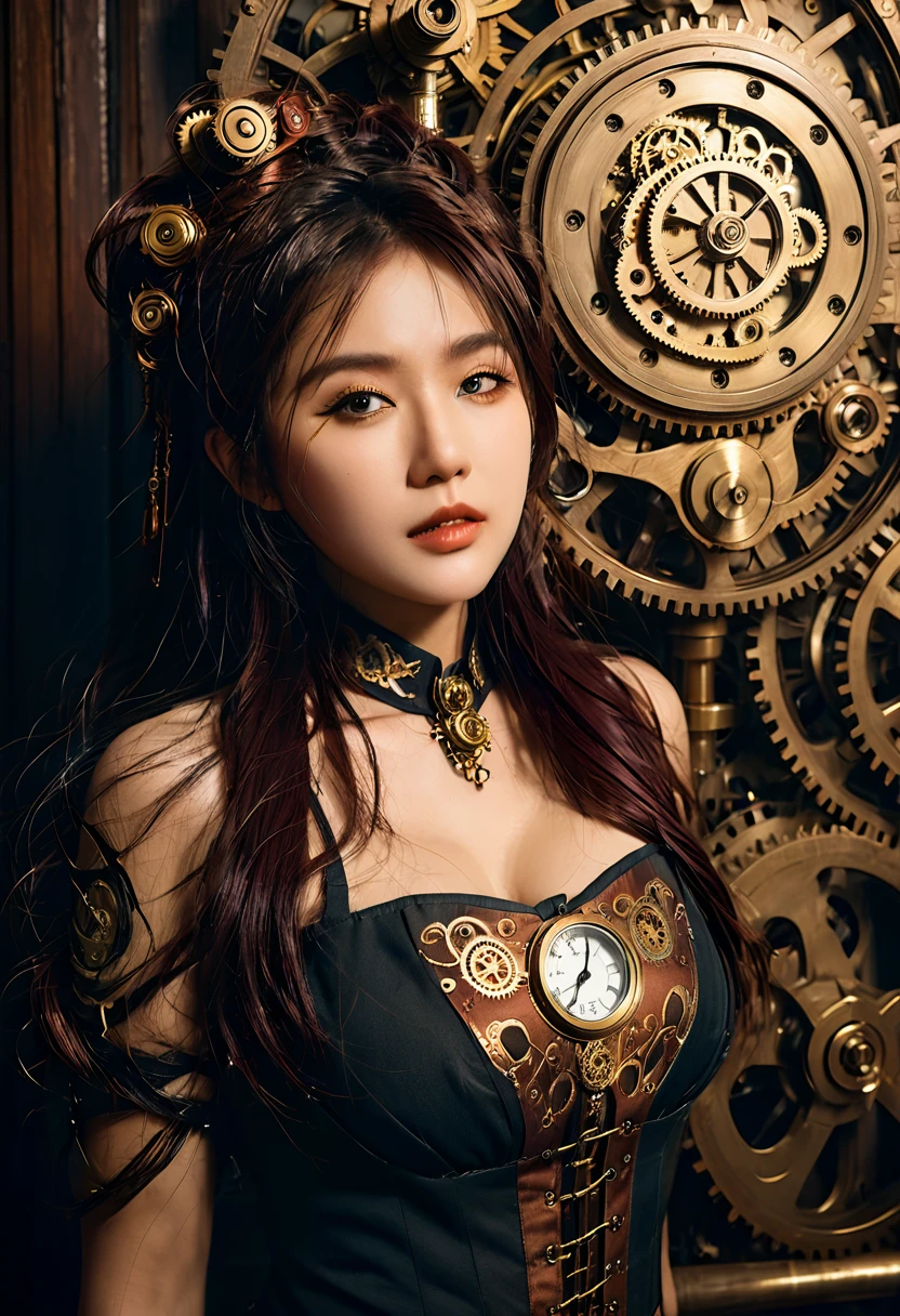 (8K, best quality:1.2), (masterpiece:1.37), (photo, photorealistic:1.37), (ultrahigh-res), one girl, full body, sitting on a chair, shot from side, profile, slow motion, female steampunk engineer, (wearing a gray jumpsuit with steampunk details:1.2),(ornately decorated intercom headset:1.3), (ornately decorated choker), (insanely detailed steampunk, bloom:1.5), (highest quality, Alessandro Casagrande, Greg Rutkowski, Sally Mann, concept art, 4k), (analog:1.2), (high sharpness), (detailed pupils:1.1), detailed face and green eyes, Masterpiece, best quality, (highly detailed photo:1.1), (long ginger Hair, ponytail,ecstatic:1.1), (young woman:1.1), sharp, (perfect body:1.1), realistic, real shadow, 3d, (steampunk workshop interior filled with lots of steam pipes background:1.2), photographed by Canan EOS R6, 135mm, 1/1250s, f/2.8, ISO 400