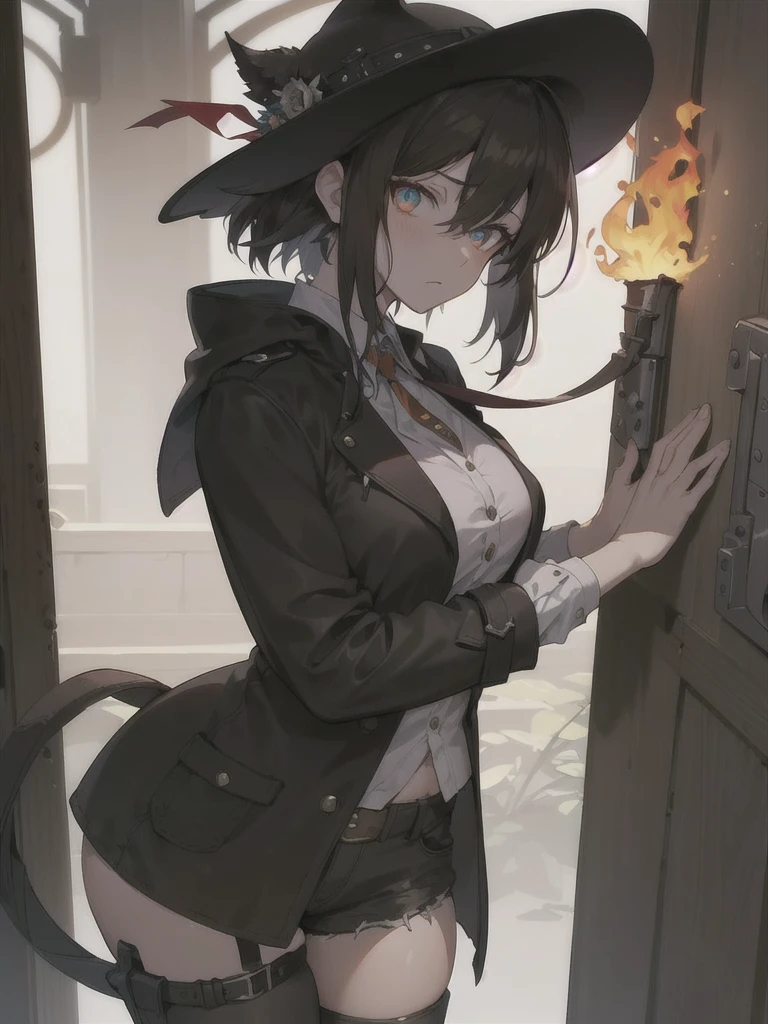 (masterpiece, best quality, ultra-detailed),(illustration),((an extremely delicate and beautiful)), dynamic Angle,(beautiful detailed eyes),(detailed light), 1girl, solo, ahoge, bangs, tired eyes bags, sharp eyes, annoyed gaze, disgusted face, cold looking girl, she have a dark brown hair, random hair style, she's wearing cowboy's hat with a symbol of phoenix, she's very edgy tight dark dark brown vest, and lastly some short jacket to covers it up, and wearing some wild west style pants, cowgirl, she's looking viewer in disgusted she's leaning her back against the wall while staring at the viewer dead silent, she seem annoyed she crossed her arms together, her eyes is deep orange, with a revolver holster on her hips,