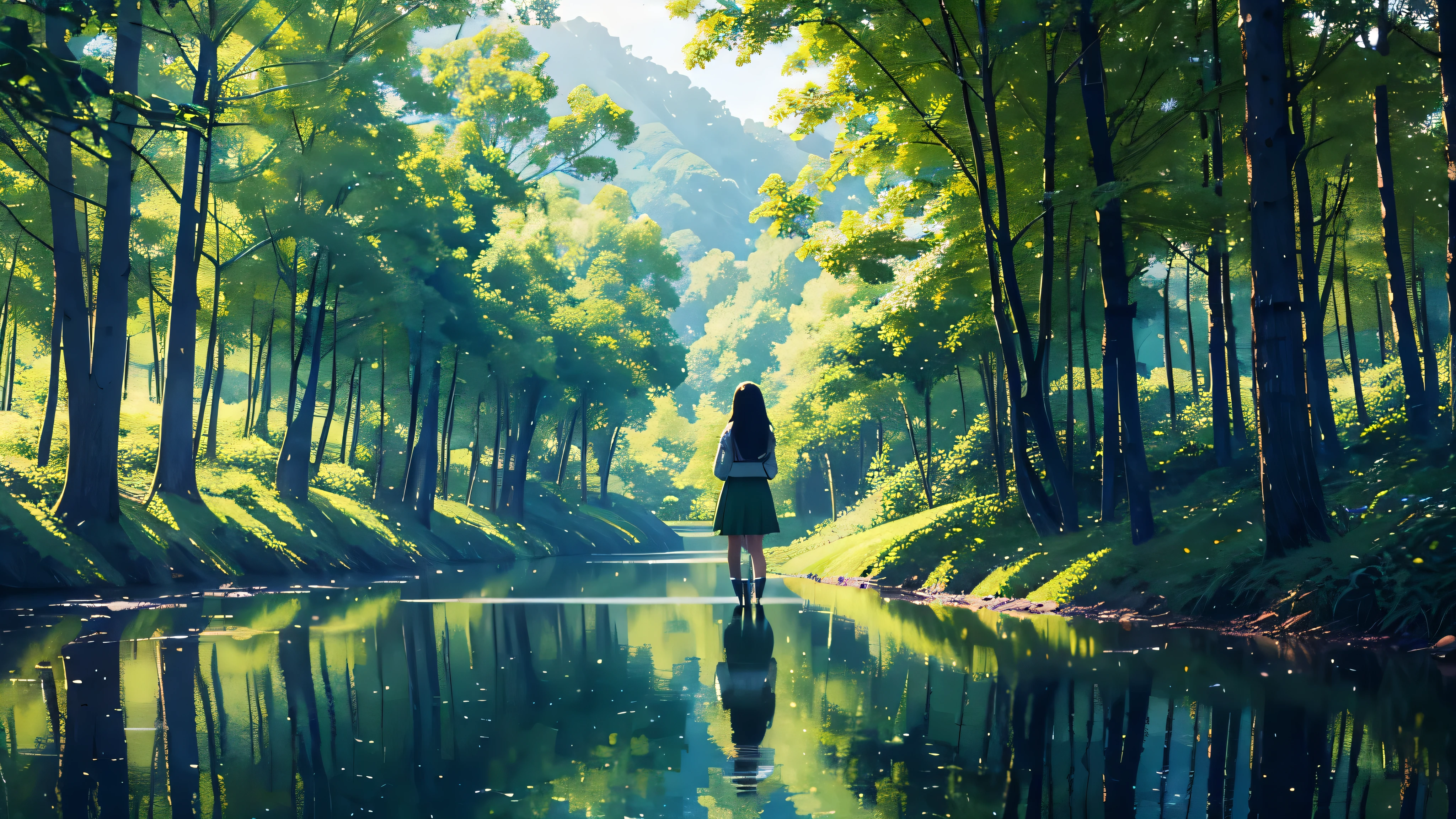 4K,Every green空 carries the promise of a new dawn, Paving the way for a beautiful beginning,Beautiful nature paintings. green,green空, green、A woman is reflected in the photo.、Back view