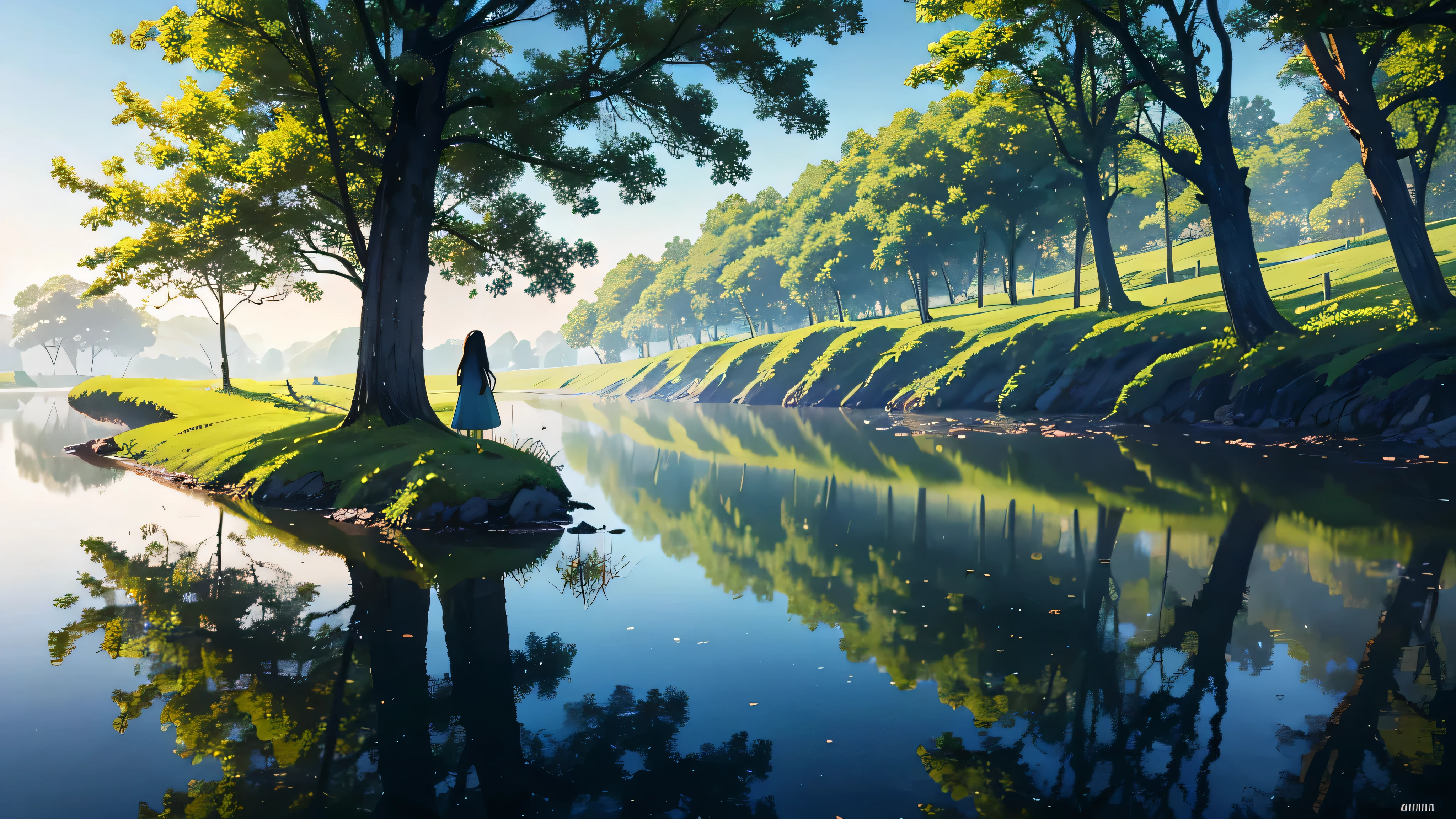 4K,Every green空 carries the promise of a new dawn, Paving the way for a beautiful beginning,Beautiful nature paintings. green,green空, green、A woman is reflected in the photo.、Back view