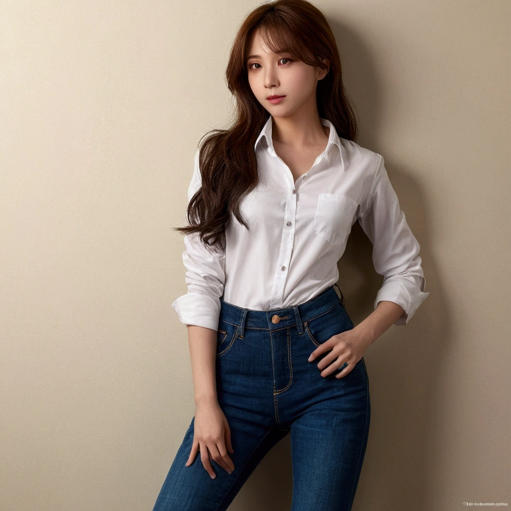 Best quality， tmasterpiece， A high resolution，8K，（realistically：1.4），超A high resolution，1 girl， ultra - detailed， hyper realisitc， Very detailed CG illustration， offcial art， movie lighting， actual， Young and beautiful girl， perfect body figure， perfect body figure， perfect bodies， （Starting below：1.3）， 的lewd poses， Self-confident， Beautiful Sexy，jeans，shirt , S-shaped body， hip is cocked，placed in a，lewd poses，Different Perspectives leaning to the wall close shot