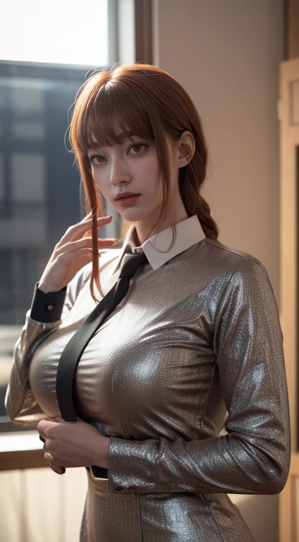 (Highest quality, Master Parts, Full Color, Dynamic Angle, Most detailed) Upper body photo, happy, (hand, Chainsaw Man), Handsome fashion photo (Red Long Hair) daughter (Stunning mature woman), ((Huge medium sized breasts)), High Dress Up Detailed Office hand Suit, White shirt、Black tie(High resolution textures), In dog pose, Bokeh, (Details Complexity, Ultra-detailed:1.15), be familiar with, Sunlight passing through the hair, Office Background, (Official Art, Very detailed, Most detailed),IgawaHaruka