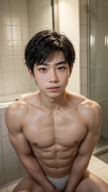 a young japanese boy, , muscular and smooth skin, very short black hair, relaxed and friendly smile, wearing thin yellow boxer briefs, full body shot from toe to head, posing in a bathroom, (best quality,4k,8k,highres,masterpiece:1.2),ultra-detailed,(realistic,photorealistic,photo-realistic:1.37),highly detailed face, detailed eyes, nose and lips, detailed muscles, glowing skin, soft lighting, warm color tone, cinematic composition, 口を開けてニッコリ笑っている