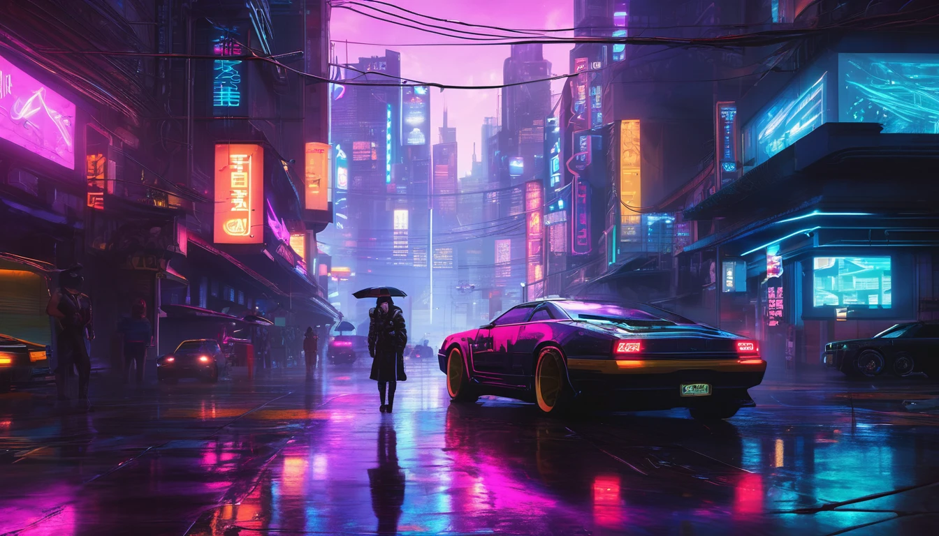 Create a cyberpunk-inspired background with neon-lit cityscapes, flying vehicles, and a rainy, reflective surface.