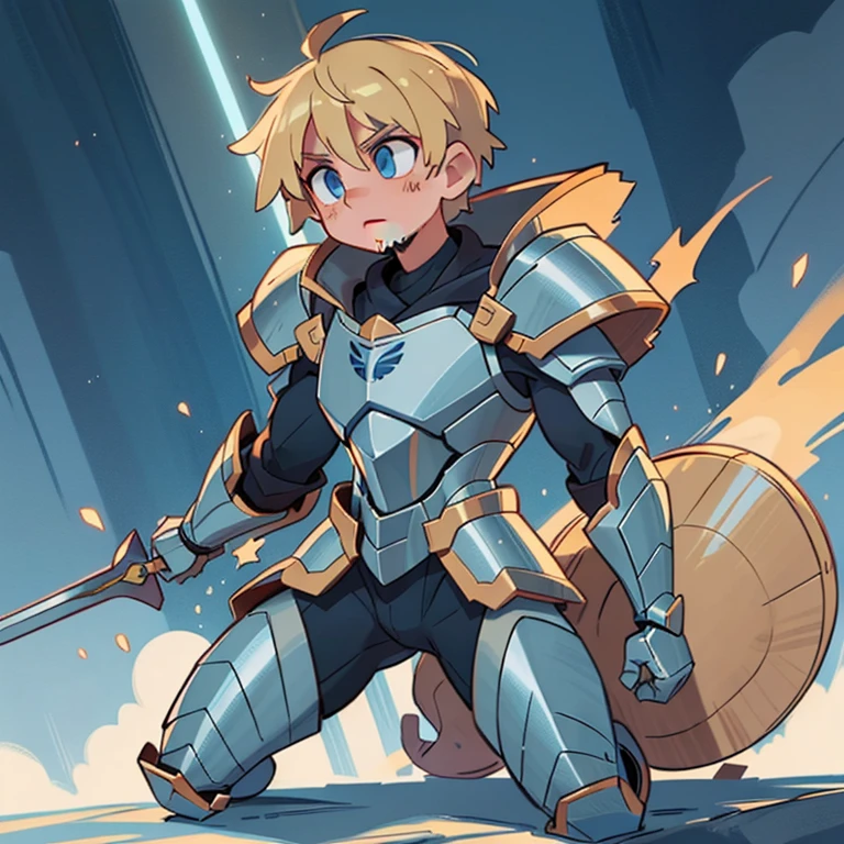 4k, masterpiece, high quality, 8k, high quality details, beautiful lighting, dynamic lighting, god rays, beautiful lighting, young man, 1man, shadow beard, stubble, short blond hair, blonde hair parted down the middle, soft gray blue eyes, dull look, expressionless, warrior, wearing armor, muscular, masculine, full body, light armor,