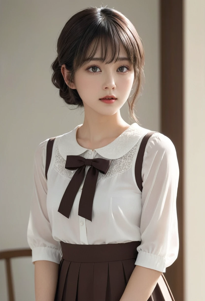 (masterpiece), (最high quality), (Very detailedな), (Best Shadow), (photoRealistic:1.4), Frilled blouse, skirt, white ankle socks, (((((A long shot of a woman walking slowly))))), high quality, masterpiece, Very detailedな, High resolution, 4K, 超High resolution, Detailed Shadows, Ultra-realistic, Dramatic lighting, One Girl, alone, Detailed face, Realistic eyes, Realistic Skin, Dynamic Hair, Dynamic pose, Dynamic Angle, White floral dress, White Background, Urzan-6500-v1.1, (RAW Photos:1.2), ( Realistic:1.4), Beautiful detailed girl, Very detailed eyes and face, Beautiful attention to detail, Ridiculous, incredibly Ridiculous, Large file size, Very detailedな, High resolution, Very detailed, 最high quality, (Bright interior), (Soft Light), (Low contrast), (Shallow depth of field), (portrait of a beautiful woman illuminated by gentle light), (Very delicate and elegant depiction), (Short bangs), (Hair color is dark chestnut with a slight brown tinge), (Hair with subtle and gentle waves), (Small, intricate braids on the side of long hair), (Decorated with thin ribbons), ( White blouse with small frills), (bow tie), (青いロングskirt), (White short ankle socks), shape, Very detailed, CG, Unified, 8k wallpaper, wonderful, Finer details, 最high quality, Very detailed CG Unified 8k wallpaper, Face Light, Cinema Lighting, One Girl, ,