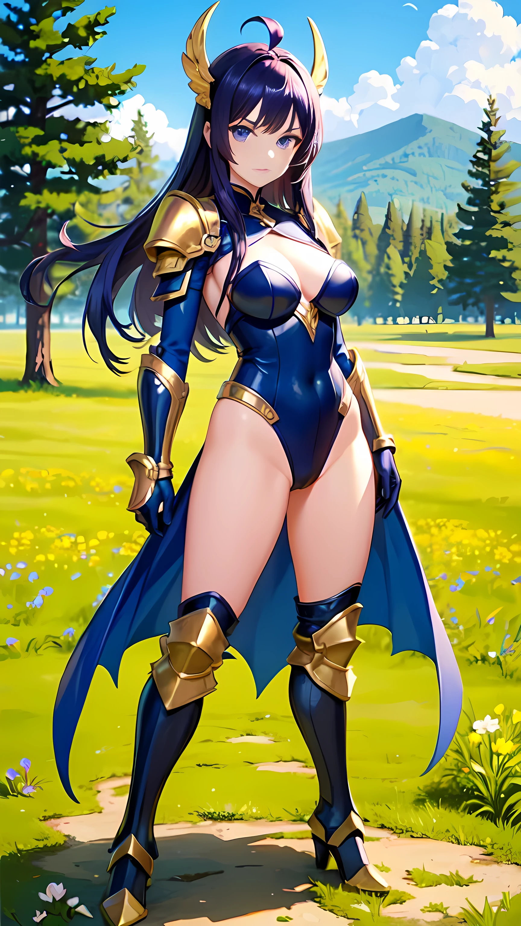 Masterpiece, 1woman, sexy blue leotard, medium cape, shoulder pads, cleavege, perfect body, perfect boobs, long hair, violet hair, ahoge, wing headpiece, gloves, black gloves, full gloves, armored gauntlet, armored boots, golden boots, blue eyes, greece, meadow, day, standing, full body, looking at viewer, serious look