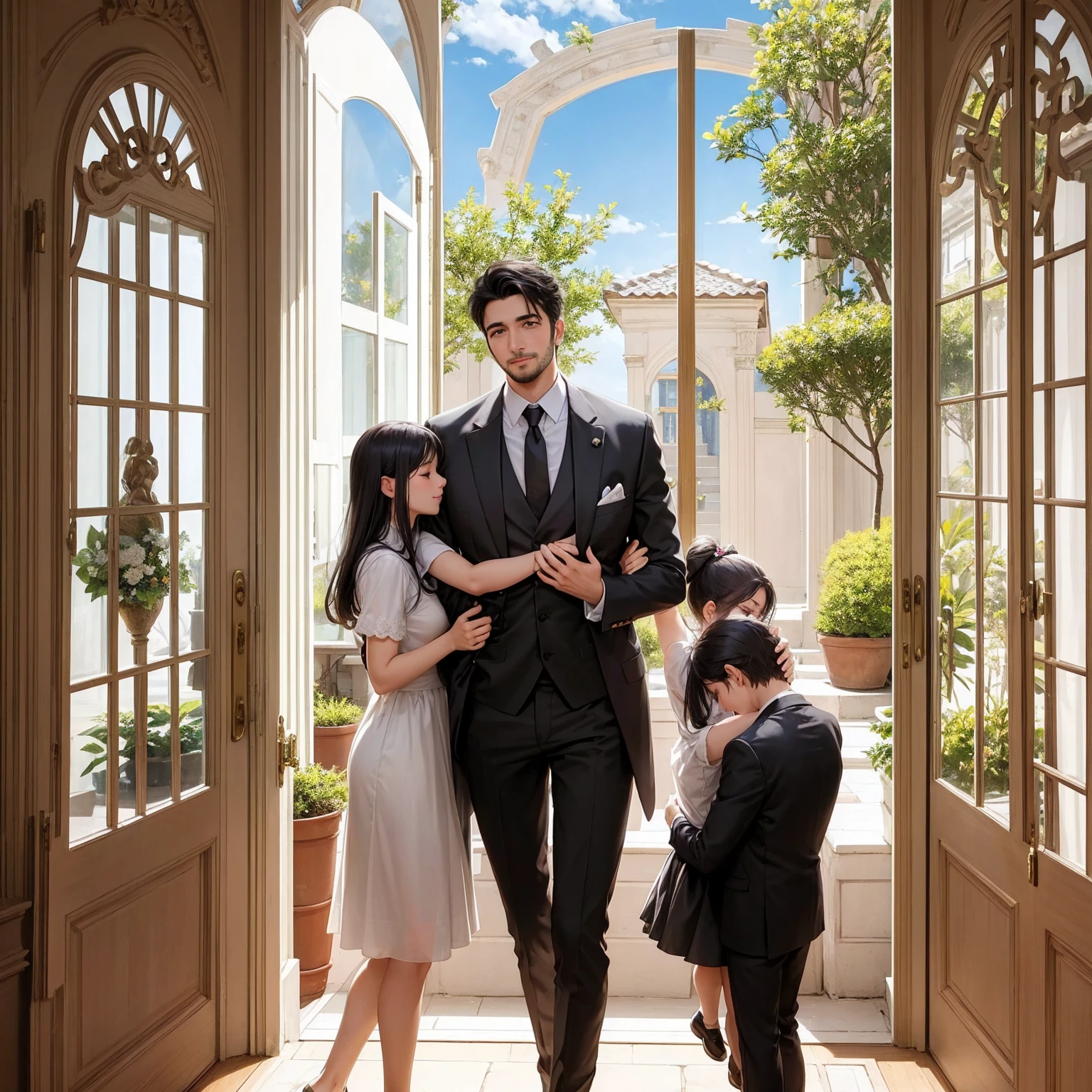A heartwarming scene in a modern, elegant mansion in Constantine,Algeria. A young father in his 30s, dressed in a business suit, has just returned home from work. He lovingly and warmly embraces his playful and innocent twin children, a boy and a girl, lifting them up in a tight hug. The children, full of joy and innocence, cling to him with bright smiles. The setting is bathed in the golden light of a clear summer evening. Sunlight streams through large windows, illuminating the spacious living room and the view of a beautifully landscaped garden and the sparkling Adriatic Sea beyond. The father, secretly imagined as Constantine I, conveys deep love and forgiveness to his children, who are subtly represented as Crispus and Fausta. There is a profound sense of reconciliation, healing, and renewed bonds, symbolized by subtle hints of ancient Roman elements in the home's decor. The scene exudes warmth, peace, and a sense of restored relationships. 、divine atmosphere、A paradise of greenery and flowers、heaven、Blessings and Blessings、Beautiful fece、brilliance、ultra-quality、Ultra-high resolution、ultra-definition、Super beautiful、masterpiece、
