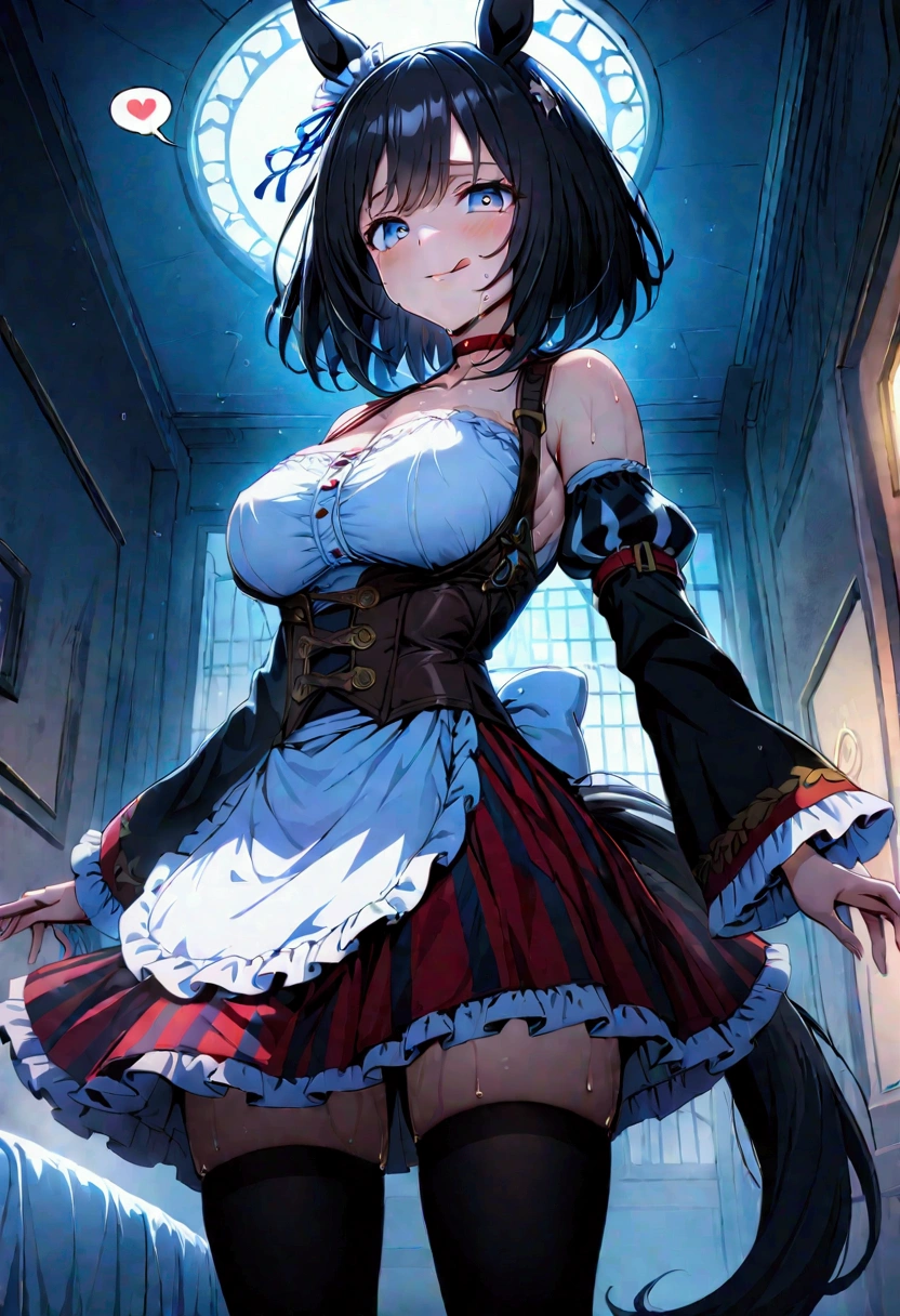 Black-haired girl，Indifferent girl，Golden pupils，Black long hair，braid，braid，脑后braid，Lolita skirt，Blue Lolita Dress，Lolita style，Blue Skirt，Blue Skirt，Blue Skirt，Blue Skirt，蓝白Lolita skirt，Blue Dress，Blue Dress，Red bow tie，Red bow tie，单条braid，单条braid，短braid，Repressive style，Garter stockings，Garter stockings，Garter stockings，Big breasts，Great Sword，手持Great Sword，手持Great Sword，Great Sword
