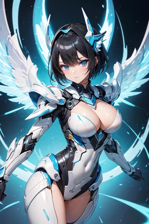 ((Highest quality))、((masterpiece))、(detailed)、((Anatomically correct))、One Woman、aldult、(look at me)、whole body、Angle from the front、(Ultra-glossy skin with attention to detail:1.1)、Glowing Skin、bangs、Short Hair、Beautiful black hair、(Beautiful Eyes:1.3)、Slim figure、medium breasts、Cleavage、White and blue outfit、headgear、Arm Armor、Mechanical wings from the back、Blue core in center of chest、