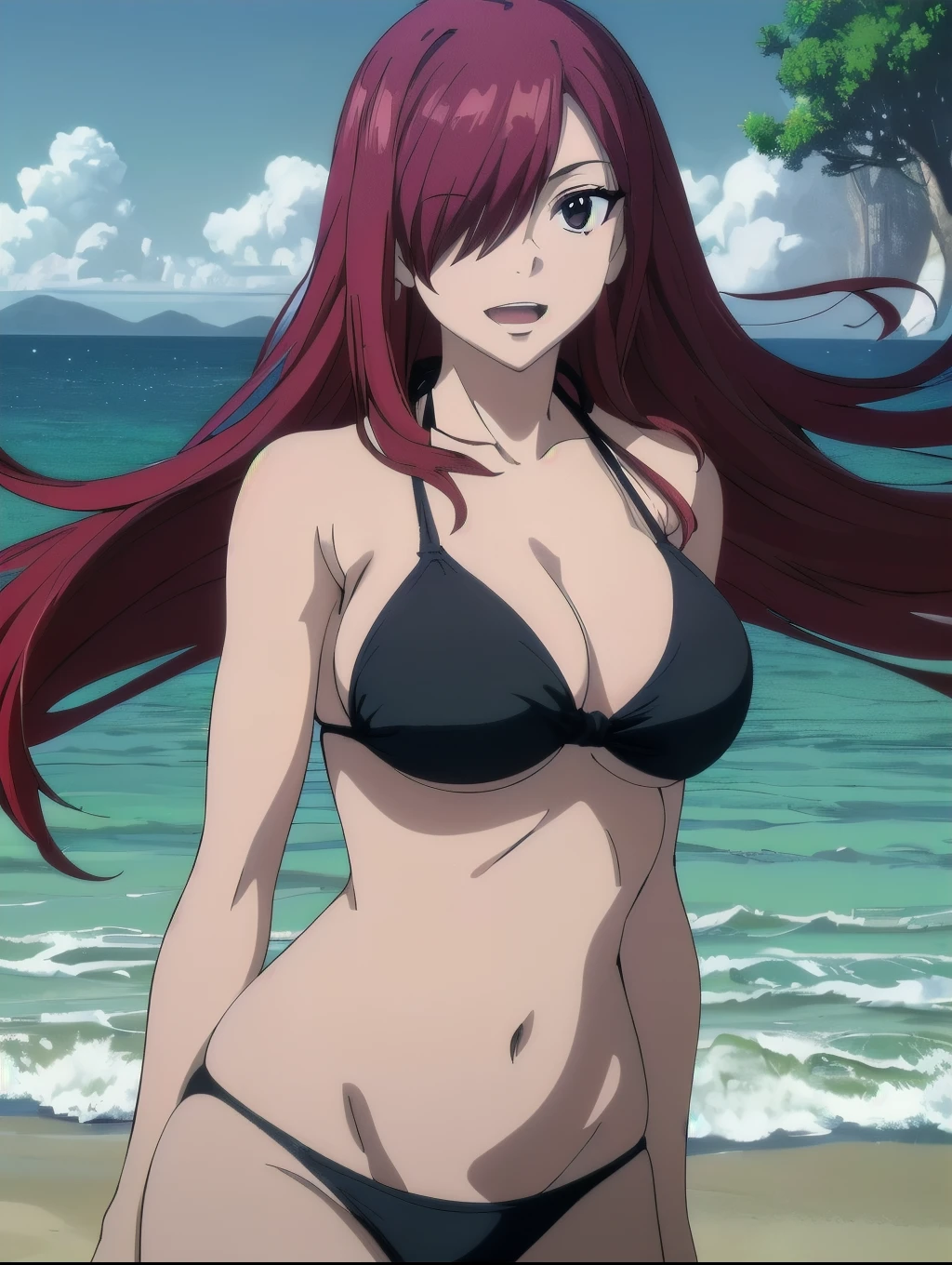 (black bikini only:1.6), groin, (vibrance:1.3), (beach during day time:1.4), (upper body:1.4), windy, tall, (focus on shoulder:1.4), ultra detailed face, perfect anatomy, (cowboy shot:1.6), from front, standing, ultra detailed body and face, ((one eye covered with hair, hair over eye)), (thick arms:1.6), perfect body proportions, (legs submerged in water:1.2), highest quality, 1girl, solo, smile, ERZASCARLET, BARE SHOULDERS, (big round breasts:1.2) cleavage, off-shoulder, tall girl, (long hair:1.7), (free flowing hair:1.4), (floating hair:1.3), ultra detailed red hair, open mouth, big eyes, (long belly:1.0), wide shoulders, beach, For the image quality, please prioritize (best quality, highres, masterpiece:1.8), itional prefixes