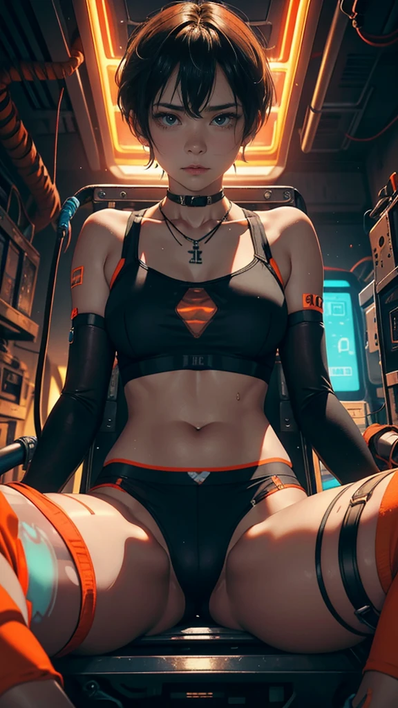 (view from the corner), Woman, 21 years old, lying on a metal stretcher, connected to a machine, perfect body, hands tied to the metal stretcher, legs open, Latin descent, neon cyberpunk background, dressed in a transparent top orange with serial number and lights, medical equipment around, syringes in the background, (underwear: short boxers with transparent lights), necklace with lights, transparent thigh bracelets, (face: crying expression), sweat on the skin. detail in the skin, short hair, soft lighting, robot guard in the background