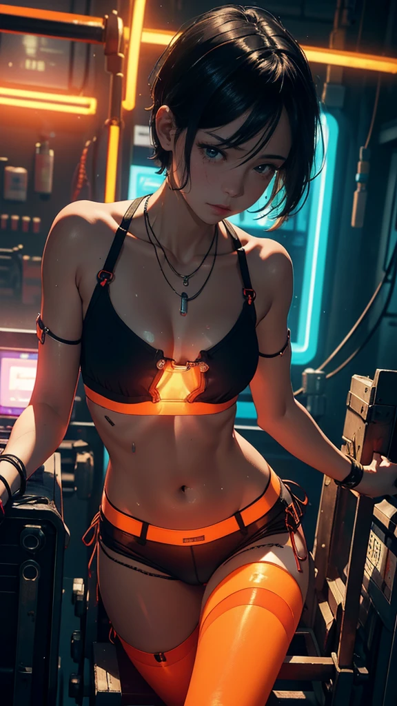 (view from the corner), Woman, 21 years old, lying on a metal stretcher, connected to a machine, perfect body, hands tied to the metal stretcher, legs open, Latin descent, neon cyberpunk background, dressed in a transparent top orange with serial number and lights, medical equipment around, syringes in the background, (underwear: short boxers with transparent lights), necklace with lights, transparent thigh bracelets, (face: crying expression), sweat on the skin. detail in the skin, short hair, soft lighting, robot guard in the background