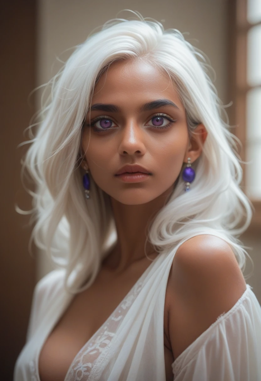 India Eisley with white hair and violet eyes