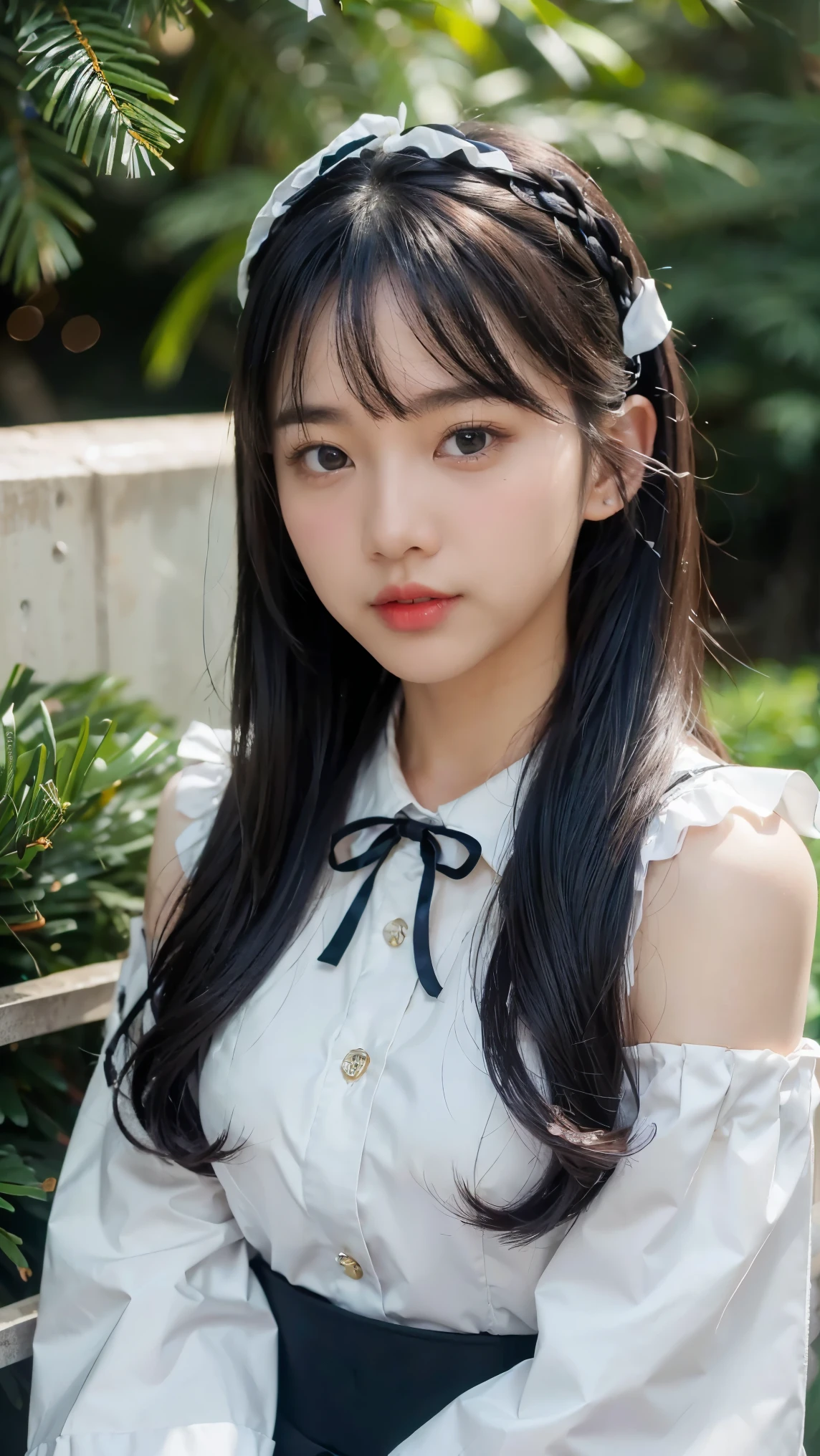 20 years old woman, RAW photo,(bokeh:1.2) (photorealistic:1.4, realistic), highly detailed CG unified 8K wallpapers, 1girl, ((slender body:1)), looking at viewer, ((straight from front)), (HQ skin:1.4), 8k uhd, dslr, soft lighting, high quality, film grain, Fujifilm XT3, ((upper body shot:1.2)), ((white collared shirt)), (((outdoor, at park))) , ((long brown hair))