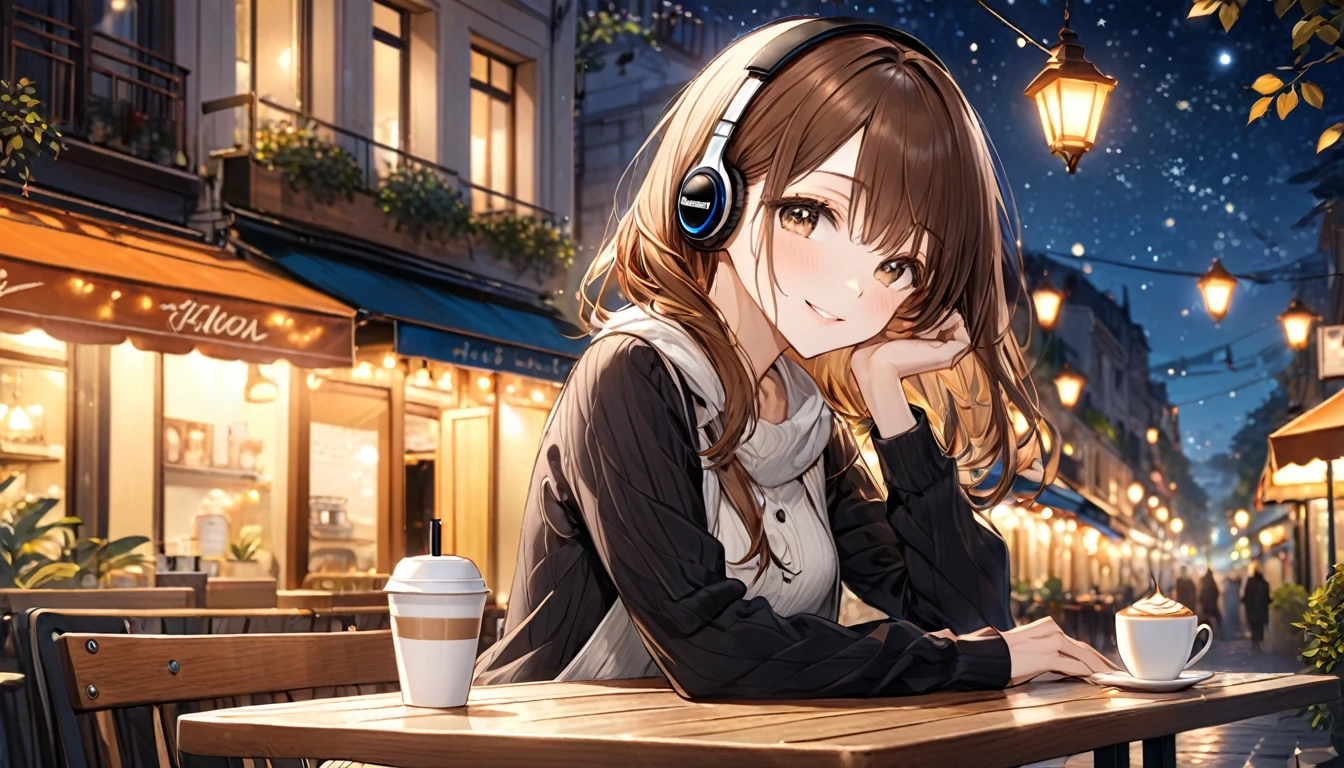 Brown-haired girl wearing headphones、Cafe terrace at night very detailed、masterpiece, Highest quality, Light background:Cafe terrace at night:Gentle smile costume:Simple casual wear pose:Sit at the table、Scene with a coffee cup:The silence of the night and the warm light of the cafe
(Detailed fingers), (Emotional), (Breathtakingly beautiful), (main part:1.2 Whole body), (Anime Style), (Very detailed), (超High resolution, High resolution), (8k), (Complex and beautiful: 1.2)