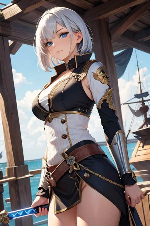 A woman with silver bob hair and blue eyes, extremely detailed and realistic, masterpiece quality, ultra-detailed, HDR, vivid colors, physically-based rendering, [thick thighs], pirates, pirates war, on the wooden big ship, (She is wielding a large, shining saber), she is a pirates king