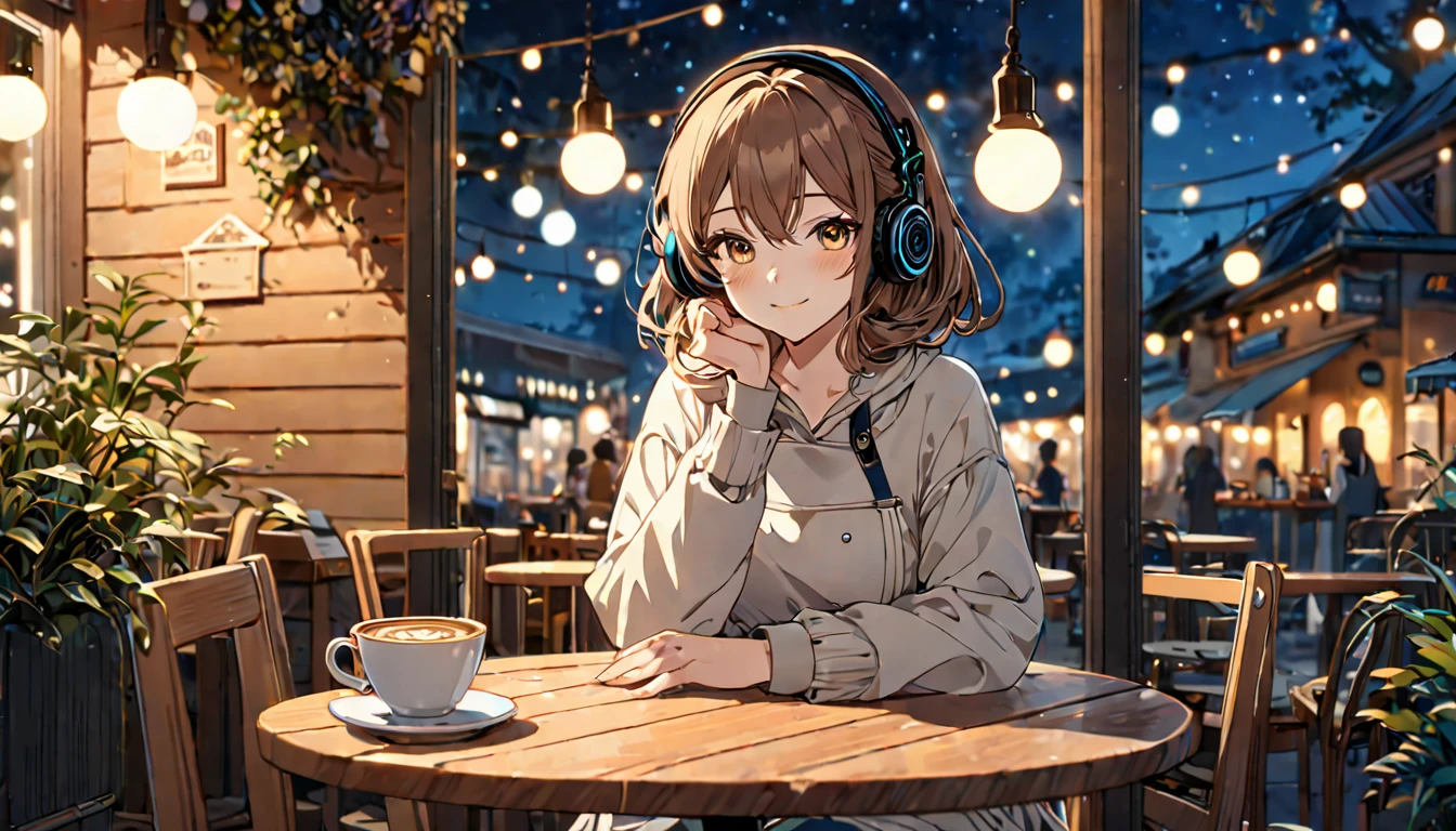 Brown-haired girl wearing headphones、Cafe terrace at night very detailed、masterpiece, Highest quality, Light background：Cafe terrace at night：Gentle smile costume：Simple casual wear pose：Sit at the table、Scene with a coffee cup：The silence of the night and the warm light of the cafe
(Detailed fingers), (Emotional), (Breathtakingly beautiful), (main part:1.2 Whole body), (Anime Style), (Very detailed), (超High resolution, High resolution), (8k), (Complex and beautiful: 1.2)
