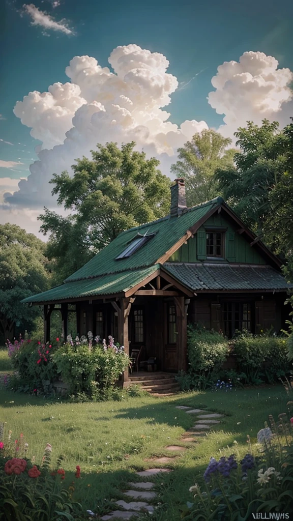 Vladimir gusev Oil painting of dark clouds with lightninigs and One old  house in a natural view green trees with flowers