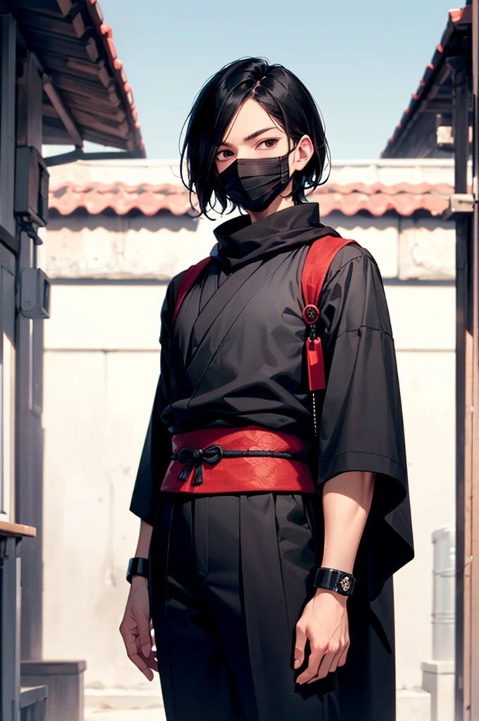 (((masterpiece; best quality: 1.2))), (finely detailed eyes: 1.3), (25 year old man), (solo), (black eyes: 1.4), (body; lean, masculine: 1.3), (very short black hair: 1.3), (beautiful and clear background: 1.2), ((depth of field)), (equipment: black shinobi garb + modest + black kimono + black pants + black scarf + black bracers + black mask: 1.3), (anime illustration: 1.2), (background composition; japanese mansion exterior: 1.1), (extremely fine and handsome: 1.1), (shot composition; standing + centered on torso + close-up: 1.5), (expression; calm, stoic: 1.2)