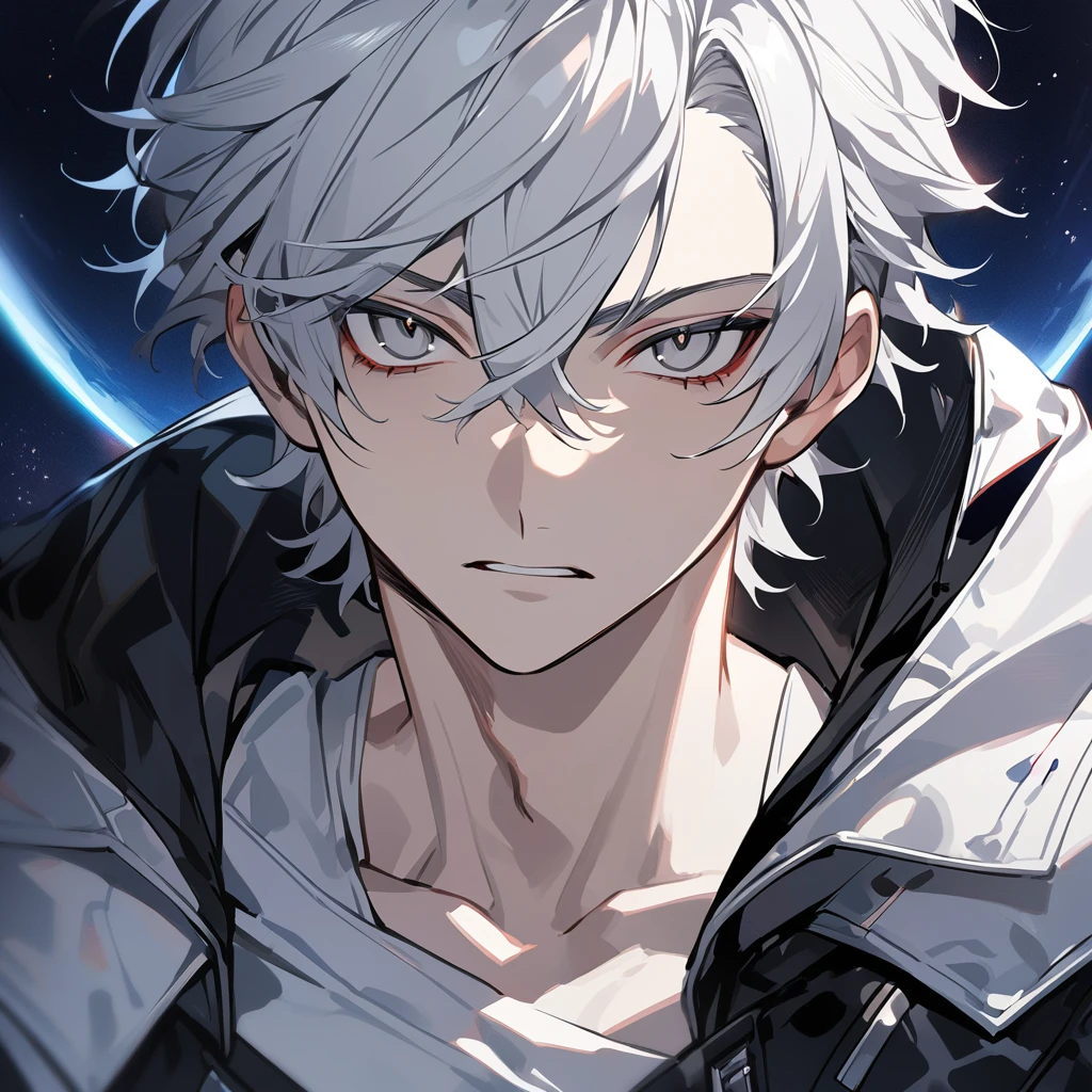 High quality, HD, 4k, no shadows, handsome male, 1male, , teenager, shwhite hair, silver hair, white hair, sharp eyes, grey colored eyes, deep grey eyes, grey eyes, devil may cry, close up, calm expression, stoic expression, black leather clothes, white leather clothing, lean body, well trained body, upper body, looking at viewer, cowboy shot, white solar, space background