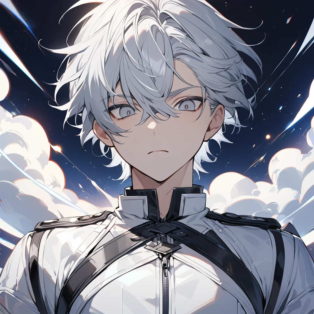 High quality, HD, 4k, no shadows, handsome male, 1male, 17 years old, teenager, short white hair, silver hair, white hair, sharp eyes, grey colored eyes, deep grey eyes, grey eyes, devil may cry, close up, calm expression, stoic expression, black leather clothes, white leather clothing, lean body, well trained body, upper body, looking at viewer, cowboy shot, white solar, space background