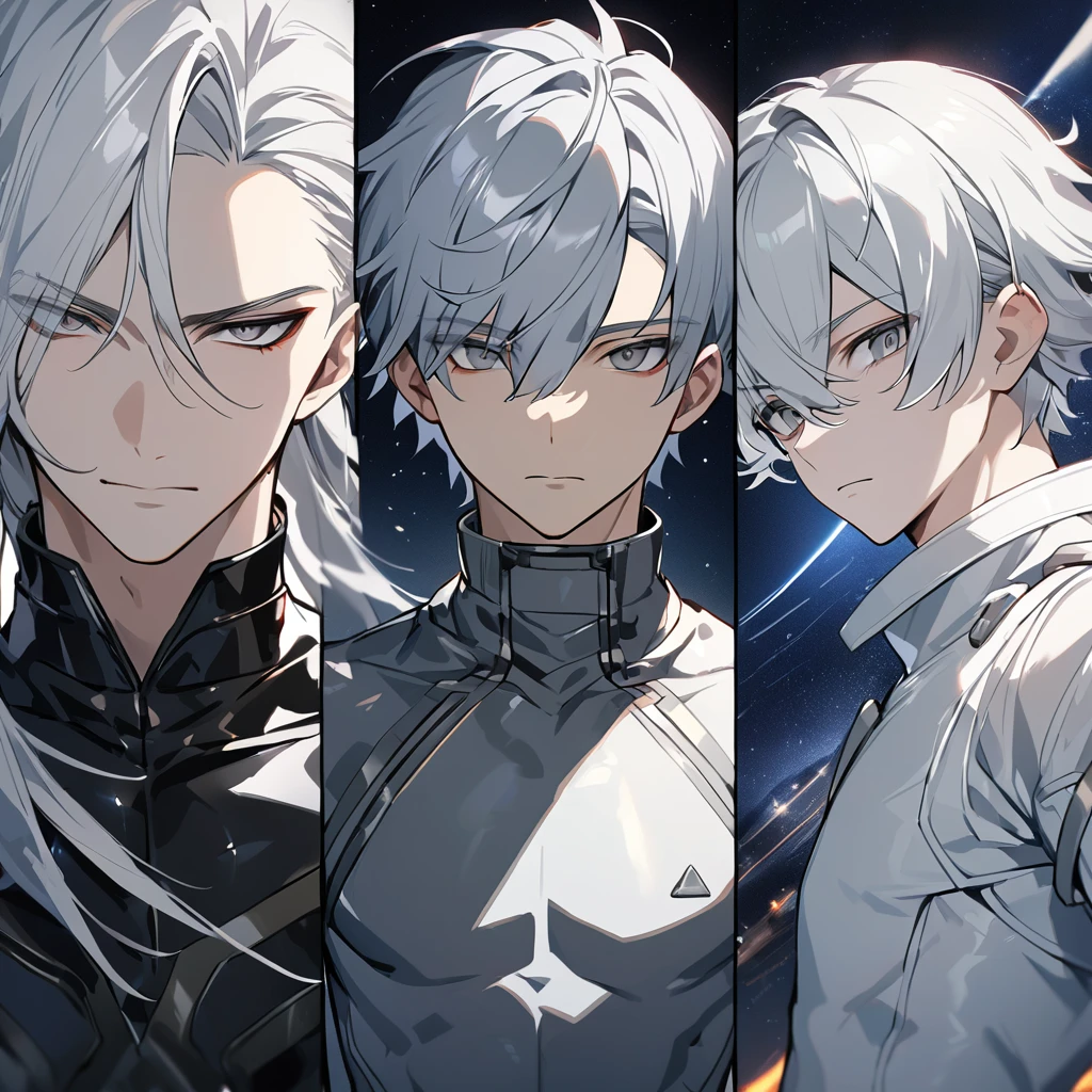 High quality, HD, 4k, no shadows, handsome male, 1male, 17 years old, teenager, short white hair, silver hair, white hair, sharp eyes, grey colored eyes, deep grey eyes, grey eyes, devil may cry, close up, calm expression, stoic expression, black leather clothes, white leather clothing, lean body, well trained body, upper body, looking at viewer, cowboy shot, white solar, space background