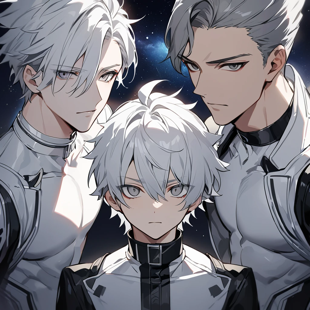 High quality, HD, 4k, no shadows, handsome male, 1male, 17 years old, teenager, short white hair, silver hair, white hair, sharp eyes, grey colored eyes, deep grey eyes, grey eyes, devil may cry, close up, calm expression, stoic expression, black leather clothes, white leather clothing, lean body, well trained body, upper body, looking at viewer, cowboy shot, white solar, space background