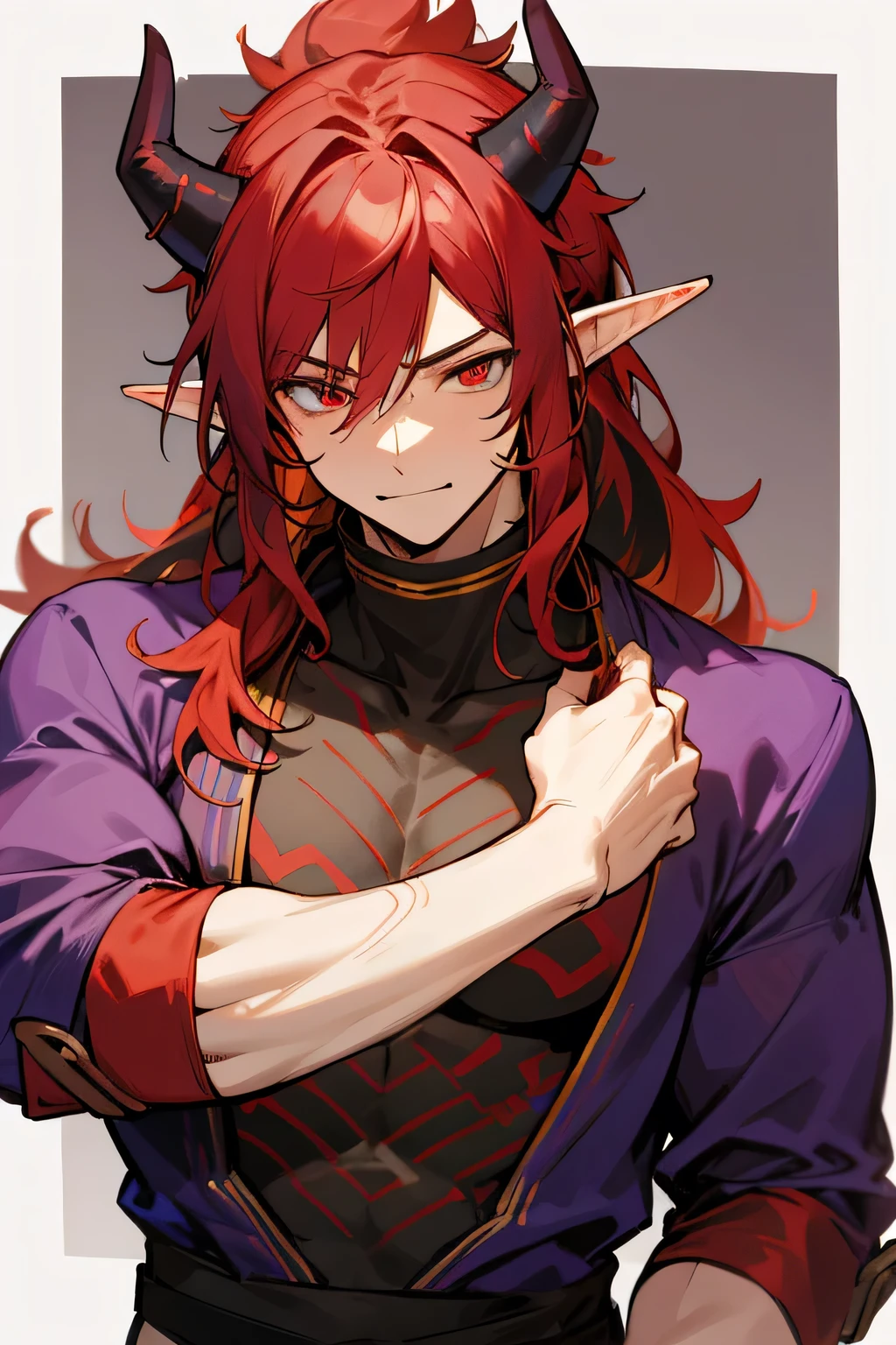 male,5'4,pierced pointy ears,light skin,blue eyes,red long hair half up half down,black albow length fingerless gloves,ripped red short sleeve cropped hoodie,black tight shirt,ripped black jeans,darkness in his eyes,dark magic,on a battle field