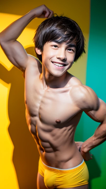 a muscular 13-year-old japanese boy with very short black hair, a relaxed friendly smile, wearing blue and yellow boxer briefs, posing in a funny way,high quality,8k,photorealistic,ultra-detailed,professional,studio lighting,physically-based rendering,vibrant colors,dynamic pose,intricate details