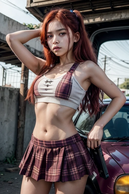 (Pretty Asian girl, idol, extremely detailed CG, 8K High Quality, Depth of field, Cinematic Light, Lens Flare, Ray tracing, beautiful lips, lots of cute soft freckles, beautiful eyes, intricate detail face, ultra detailed skin, 1girl, in the dark, deep shadow, front shot, face forward, big eyes, dark brown eyes, random position, pale skin, flashy orange hair, orange eyebrows, perky breasts, detailed cleavage, looking at viewer, big smile, tattoo on both arms and all over her body, many tattoos on breasts, face tattoos, wear a shirt, wear low waist white tartan skirt with visible white thong, tight sailor top that matches skirt, wide gap between thighs:1.6, view full body from head to toe shot, navel piercing, wear cat ears headband, wear high thighs stockings with hangers from under her skirt, earrings, piercings, jewelry, lots bracelets, at the amusements park), (Intense sex appeal of young women), (woman who makes erotic temptations), (she reaches an amazing orgasm)
An Asian girl, exhibiting idol-like features, emerges from the depths of shadow in an extremely detailed CG Unity 8K wallpaper. Her beautifully sculpted face boasts intricate details, with ultra-detailed skin that appears almost alive, she want's us to think of her as a slut