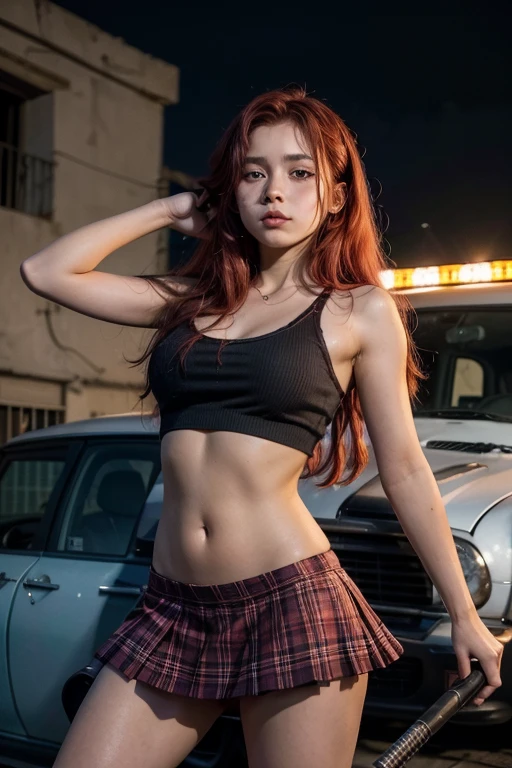 girl wearing plaid Catholic mini skirt and deep purple panties long red hair and armed with an assault rifle and machete in a Mexican city on the roof of a car on Day of the Dead
