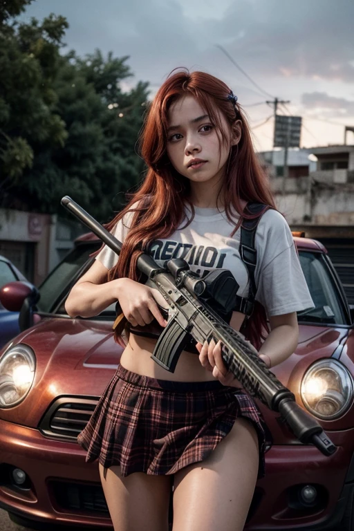  girl wearing plaid Catholic mini skirt and deep purple panties long red hair and armed with an assault rifle and machete in a Mexican city on the roof of a car on Day of the Dead 