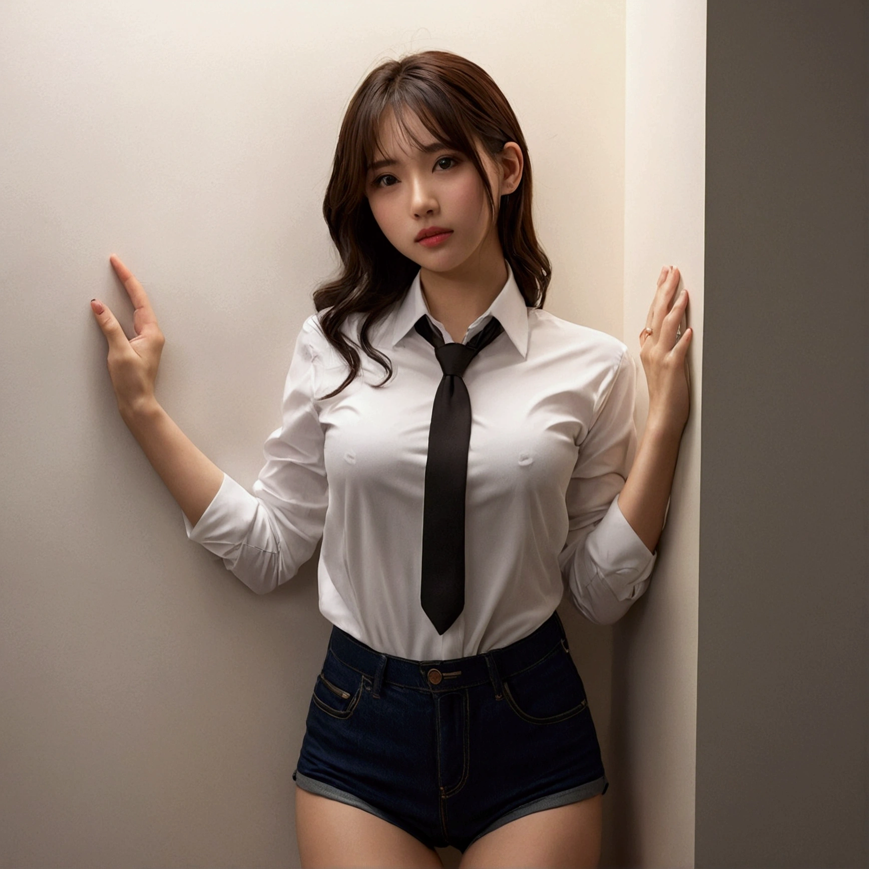 Best quality， tmasterpiece， A high resolution，8K，（realistically：1.4），超A high resolution，1 girl， ultra - detailed， hyper realisitc， Very detailed CG illustration， offcial art， movie lighting， actual， Young and beautiful girl， perfect bodies， （Starting below：1.3）， 的lewd poses， Self-confident， Beautiful Sexy，shirt , S-shaped body， hip is cocked，placed in a，lewd poses，Different Perspectives leaning to the wall close shot