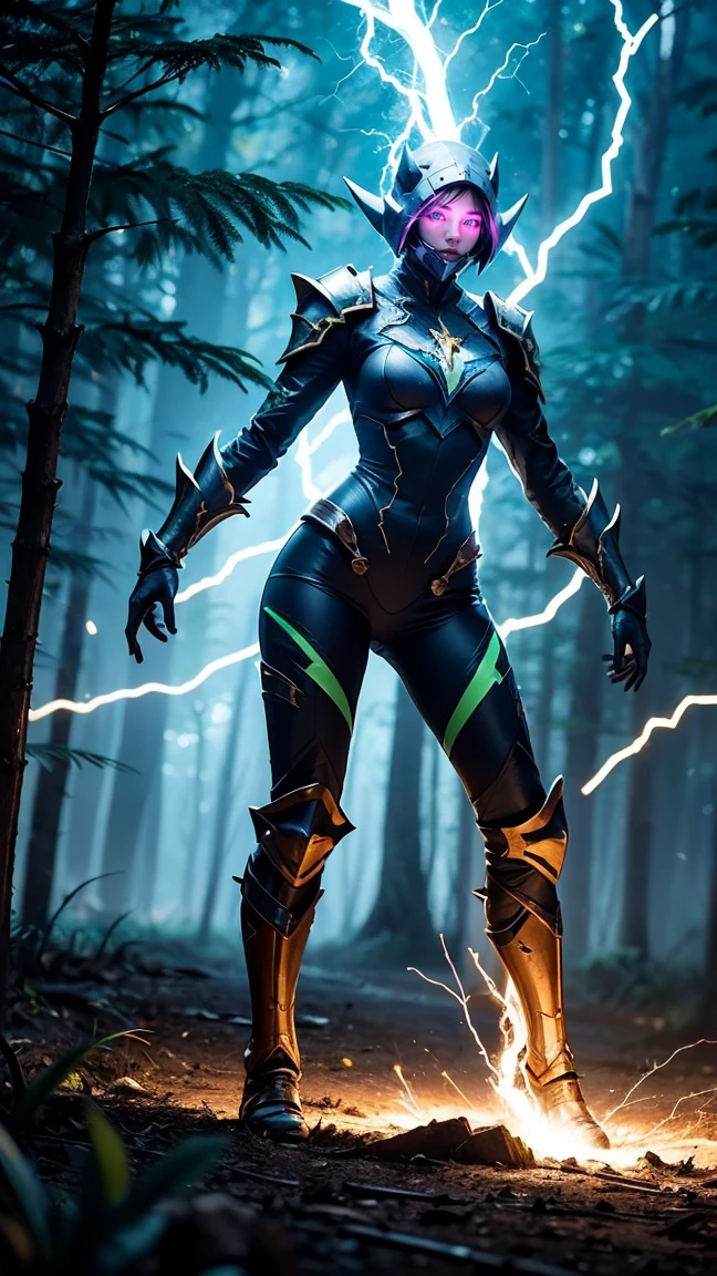 "Create an image of Arc Warden (Zet) from DOTA game,no having clothes, wearing her classic electrified armor with glowing blue energy emanating from her form, have massive k-cups, standing in a dark, stormy forest with lightning bolts striking the ground around her."