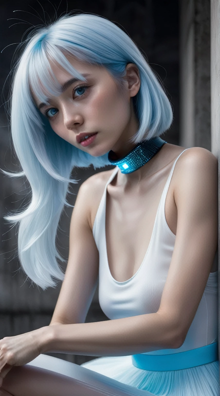 masterpiece, best quality, Practical, In the dark colony shrouded in white mist, She dances as a lone fashion model. She wears a cyber-themed outfit centered on white. She wears a turtleneck, Sleeveless top with round neck long skirt, A big balloon extends from the waist. Neon suspenders attached to her outfit, creating a futuristic atmosphere.
She has silver hair and blue sparkling eyes, She accessorized with a pair of neon high-top sneakers,Perfectly presents her look. Shot from the side, She sits,Staring ahead with a melancholy expression, Very small head and face, Wide duckbill, Half open mouth, Teeth are aligned, Perfect beautiful teeth, Light blue eyes, Half open eyes, Shiny droopy eyes, White hair, Find Other, She is located in the interior of a futuristic colony, The fog drifted away,Steam rises from concrete
