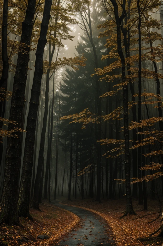 A dark and moody autumn forest scene, dramatic lighting, fallen leaves, stormy sky, lightning, photorealistic, cinematic, chiaroscuro, vibrant colors, detailed textures, intricate foliage, mist, atmospheric, mystical, ethereal