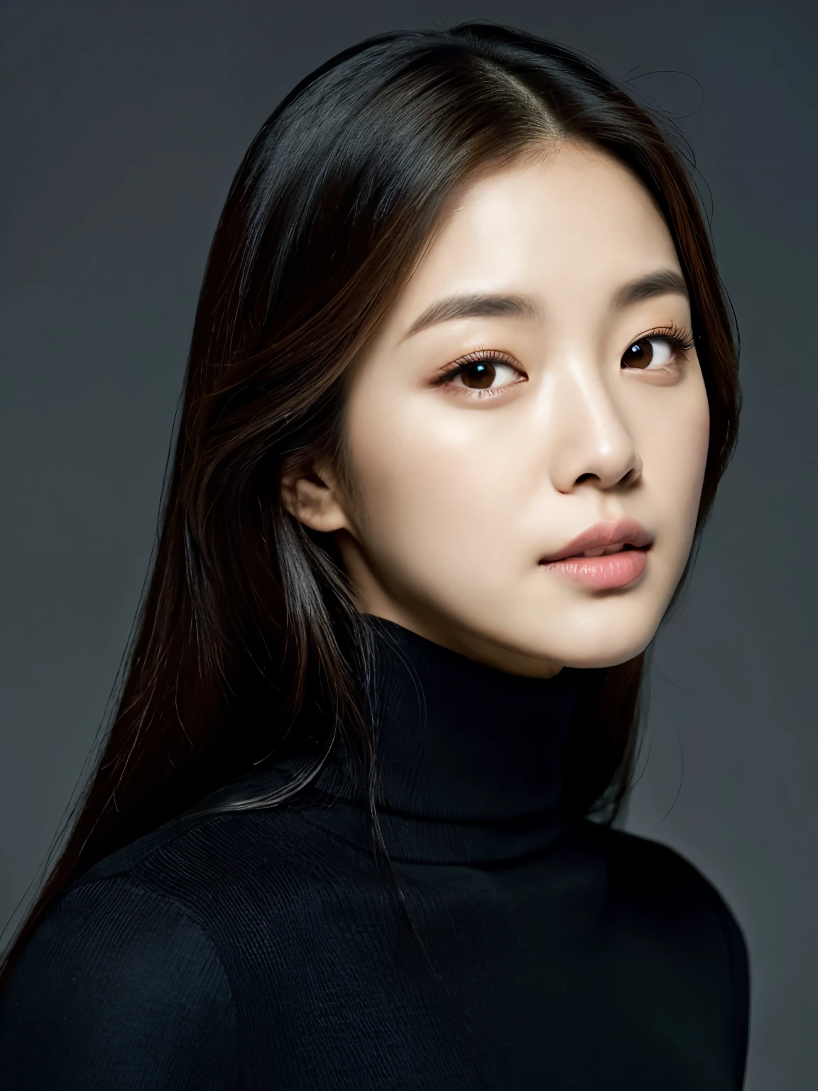 a woman with long hair wearing a black turtle neck top, jisoo of blackpink, jisoo from blackpink, jossi of blackpink, park ji-min, portrait jisoo blackpink, lee ji-eun, lee ji - eun, female actress from korea, heonhwa choe, hwang se - on, portrait of jossi of blackpink, krystal, kwak ji young