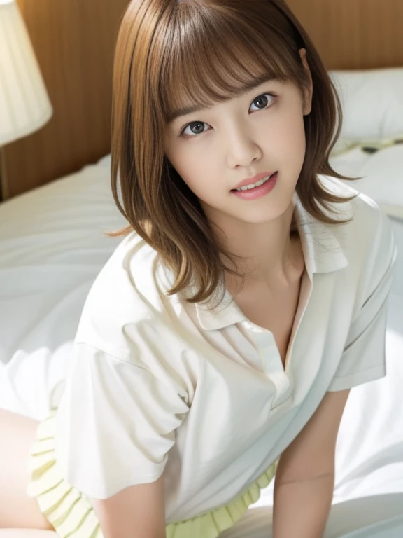 (Masterpiece, Best quality: 1.4), (Ultra realistic, Photo-realistic: 1.2), Full body, Spread legs, Looking at viewer, Natural light, 30 years old actress, Japanese women, Neat and clean, ((Wearing white tennis uniform, White short-sleeve polo shirt with collar, Not buttoning the polo shirt, White pleated skirt: 1.2)), (Short wavy hair: 1.2), Light brown hair color, (Beautiful Face), Oval face, clear, (Beautiful eyes, Kind eyes), (Clear skin), Small face, (Small mouth, Beautiful mouth), Natural makeup, (Wearing white socks: 1.1), Approachable, Hotel Suite room,On bed, Seductive smile, Seductive pose, Beautiful thighs, Bedroom eyes, Embarrassed, blush