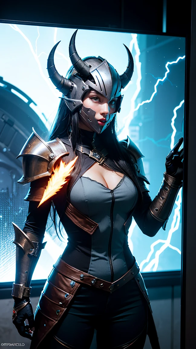 "Illustrate Arc Warden (Zet) from DOTA game in her Tempest Helm attire,no having clothes, adorned with a helmet and armor made of crackling lightning, have massive k-cups, in a futuristic, high-tech laboratory filled with glowing screens and electrical devices."

