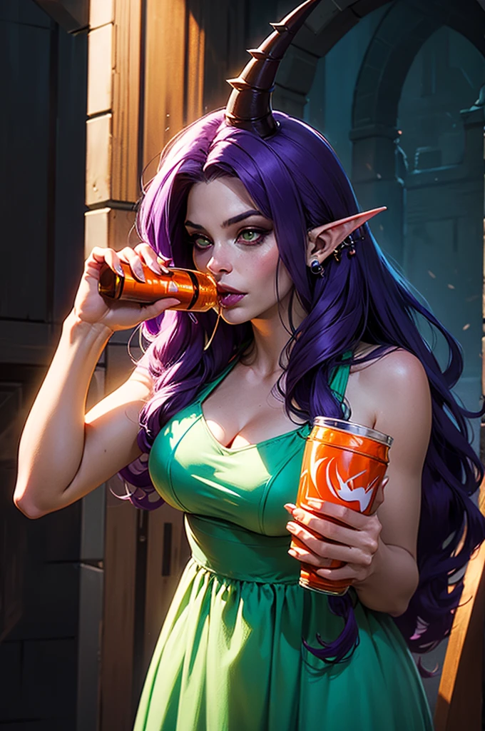 anime girl with purple hair and piercings drinking from a cup, commission for high res, elf girl, anime girl drinks energy drink, succubus in sundress portrait, oc commission, morrigan, morgana from league of legends, commission for, full color illustration, full color digital illustration, tiefling from d & d, fully colored, full colored, tiefling