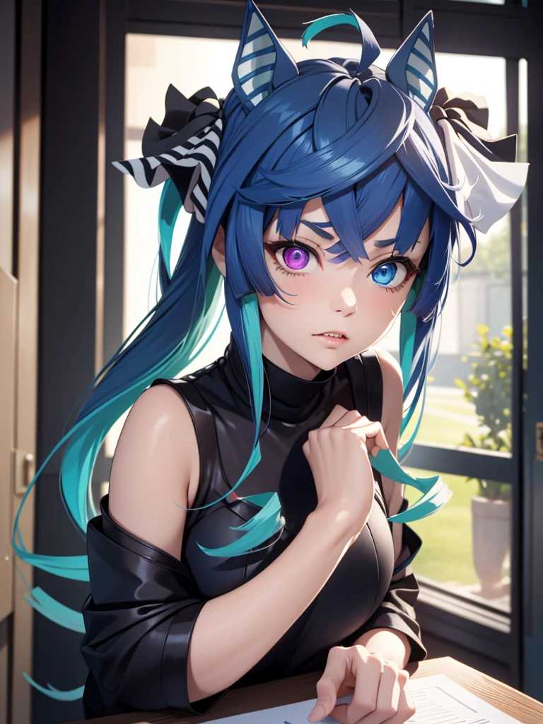 (masterpiece、top-quality、hight resolution、Unity 8k、extremely details CG:1,Best Picture), Create a picture of a married woman who is shy and seems less than full of being seen as a woman. Her expression is a mixture of embarrassment and slight pleasure, and her body movements show a little awkwardness and a little pride. Make this a suitable place for the sex that is about to take place. 39 years old, nsfw, Rutting eyes, Twin_Turbo_Umamusume, aqua hair, twintails, heterochromia, purple eyes, blue eyes, sharp teeth, Confusion, shame,