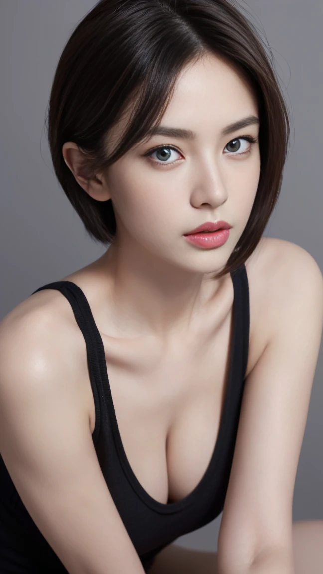 8K UHD, RAWphotograph, Model shoot, (masterpiece, highest quality, photorealistic, High resolution, photograph, :1.3), (Bright light, Dynamic Lighting, Real, ultra-real, Real, real details, Skin Tight Black Top:1.2, watching at Viewer, lighting like a movie, flawless, softlight, High resolution skin:1.2, Realistic skin texture, 30 years old mature woman, European, cool beauty, hot model, slim, small face, sexy hot face, erotic, sexual sight, slim, no-makeup, off shoulders, blue eyes, fine beautiful eyes, Glossy lips, Short hair, dark brown hair, fullnude, Bust B Cup, Small breasts, Exposed cleavage, Real Skin, (perfect body), Sexy pose, cool pose, Sexy Costumes, close up, Focusing, background gray, plain grey background,