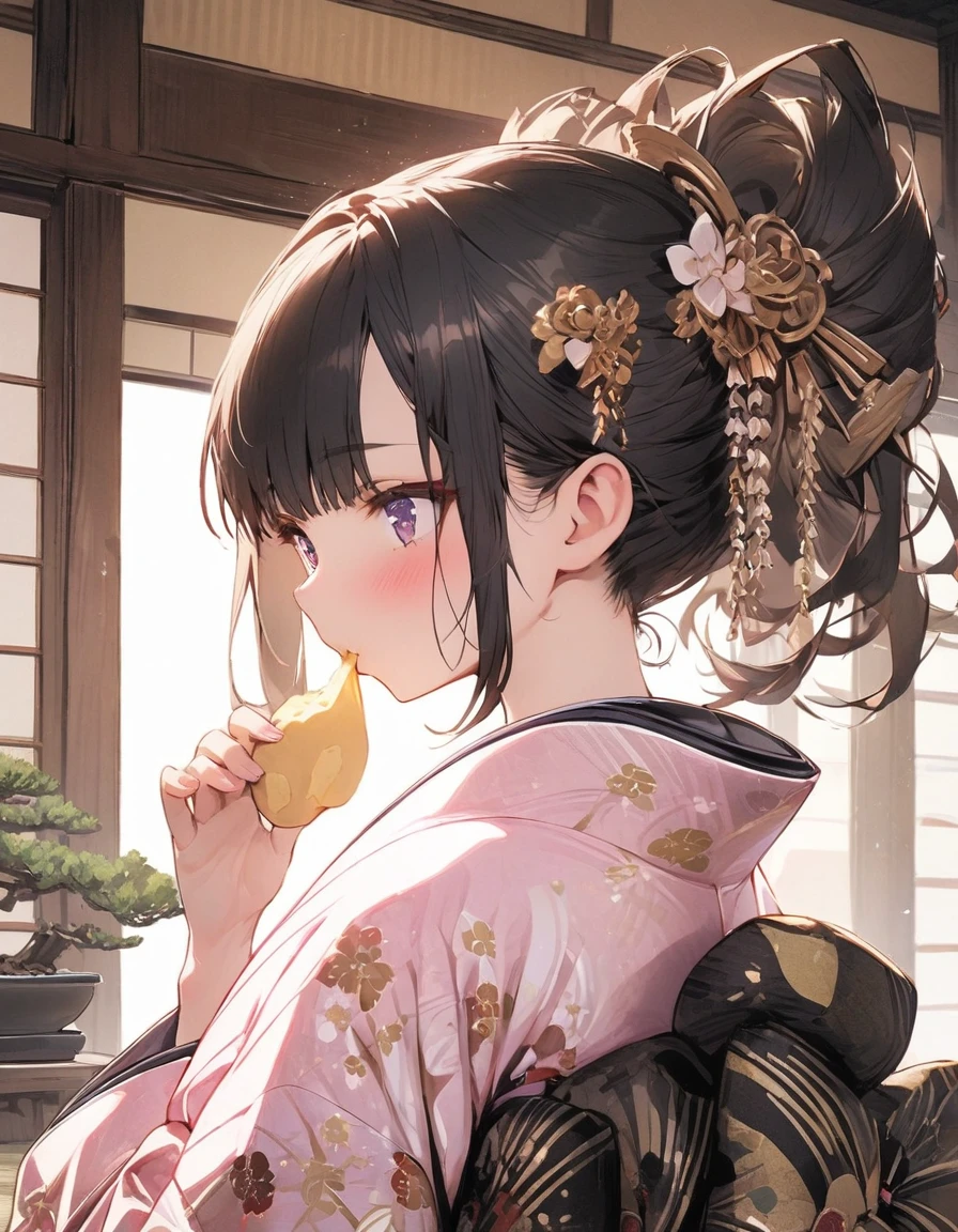 Masterpiece, one girl,((( eating potato chips))), luxurious kimono, tied hair, beautiful hair ornament, Japanese room, tatami, bonsai,Upper body
