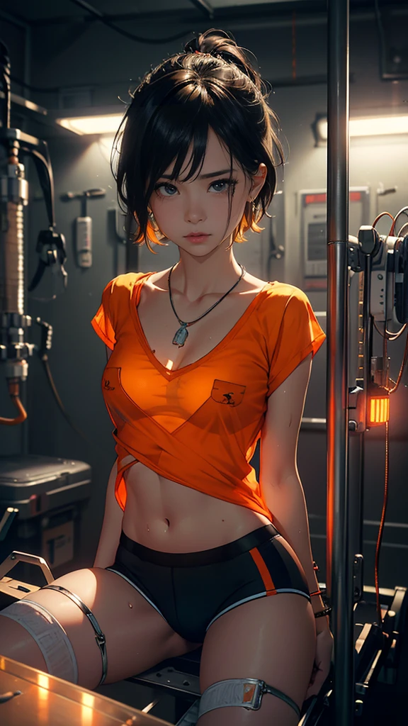 Woman, 21 years old, perfect body,big breasts,hands tied, (tanned skin: 1.1), (background: prision cell), (wearing: (orange top with serial numbers), (underwear: short boxers with numbers), (electronic collar), thigh bracelets, cyberpunk collar),(tatto: thigh neon tatto),sweat on the skin. detail in the skin, short hair, soft lighting, robot guard in the background