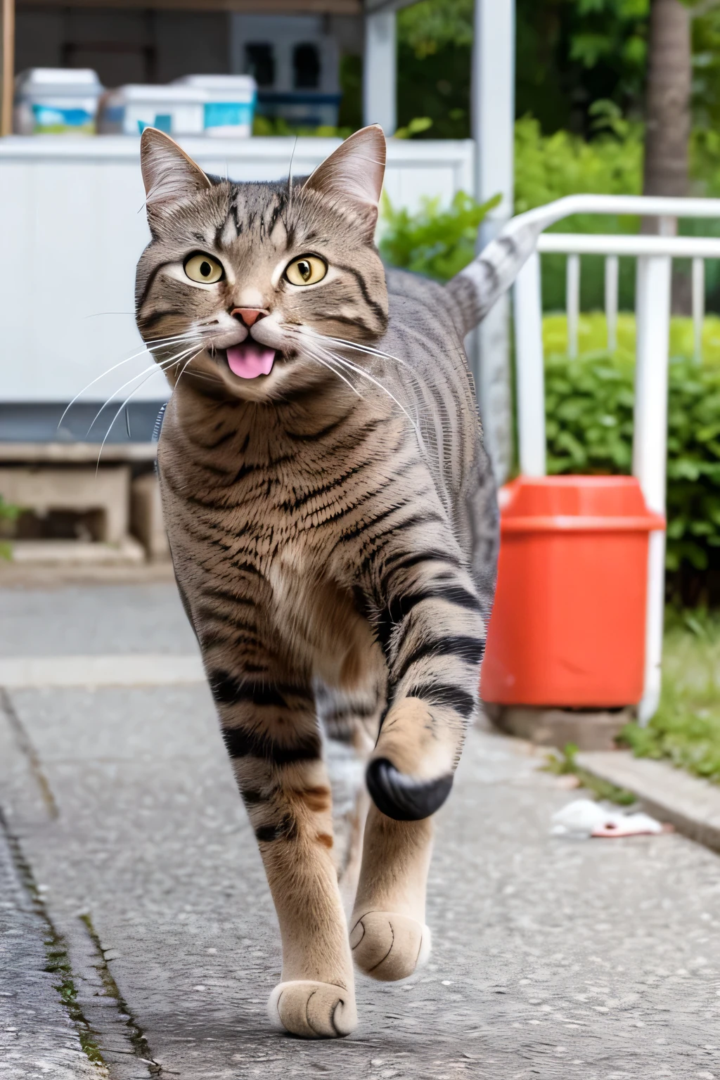 A cat running with a fish in its mouth、The fishmonger is chasing me from behind.