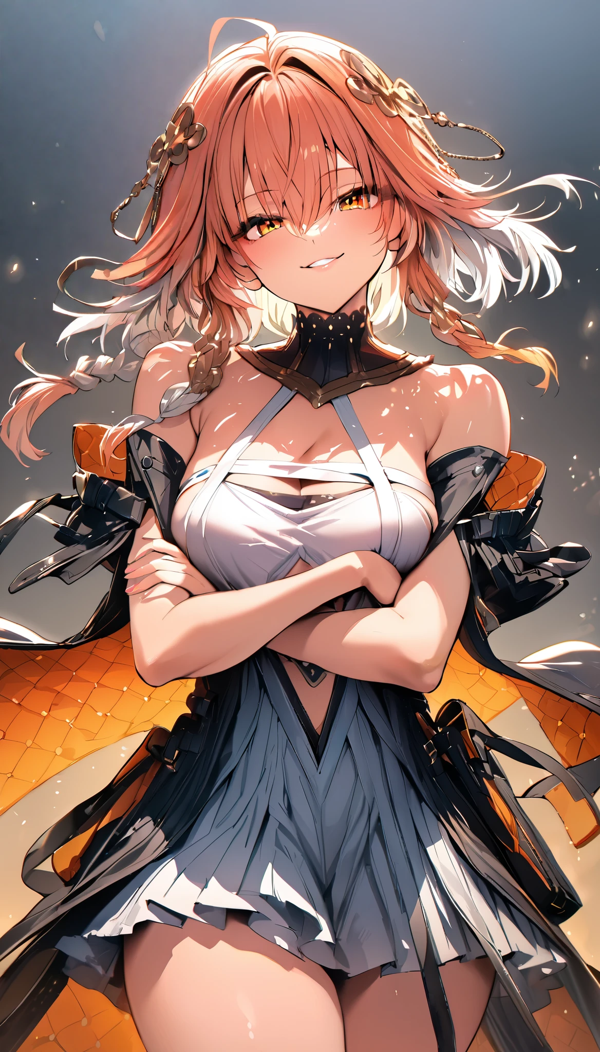 ((masterpiece)),((Highest quality)),High resolution,Perfect lighting,dusty(coming), One woman, chest, alone, Orange eyes, View your viewers, Exposing shoulders,White Dress,大きなchest, Redhead, Striped Hair, Gray Hair, Captivating smile, from the front, Cowboy Shot, Arms crossed,