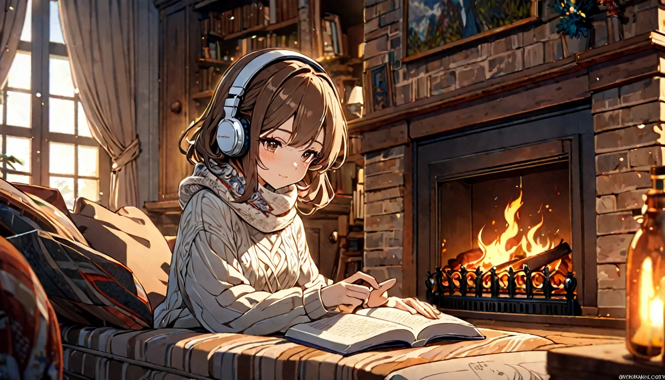Brown-haired girl wearing headphones、In front of the fireplace. Very detailed.、masterpiece, Highest quality, Light background:Front view of the fireplace:Calm and relaxed outfit:Thick sweater and scarf pose:Reading a book in front of the fireplace:Warm firelight and reading time
(Detailed fingers), (Emotional), (Breathtakingly beautiful), (main part:1.2 Whole body), (Anime Style), (Very detailed), (超High resolution, High resolution), (8k), (Complex and beautiful: 1.2)