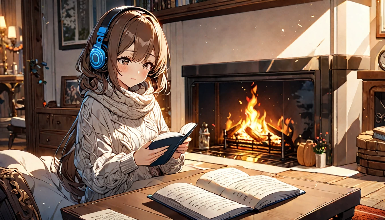 Brown-haired girl wearing headphones、In front of the fireplace. Very detailed.、masterpiece, Highest quality, Light background:Front view of the fireplace:Calm and relaxed outfit:Thick sweater and scarf pose:Reading a book in front of the fireplace:Warm firelight and reading time
(Detailed fingers), (Emotional), (Breathtakingly beautiful), (main part:1.2 Whole body), (Anime Style), (Very detailed), (超High resolution, High resolution), (8k), (Complex and beautiful: 1.2)